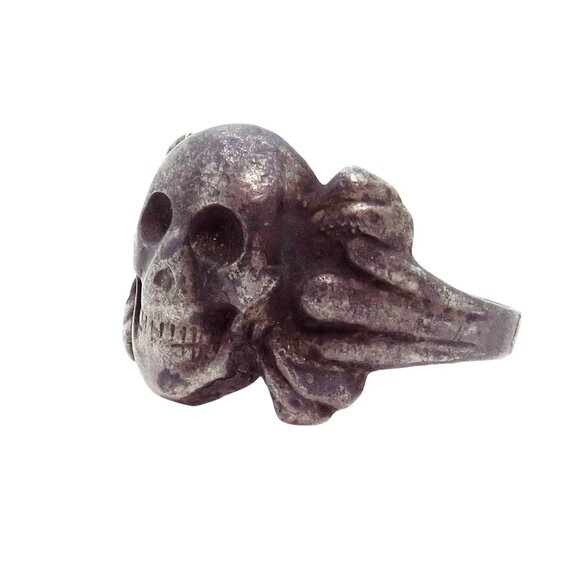 Antique 830 Silver Skull and Crossbones Unisex Gothic Ring  Norway Size 10.5 - Picture 8 of 10